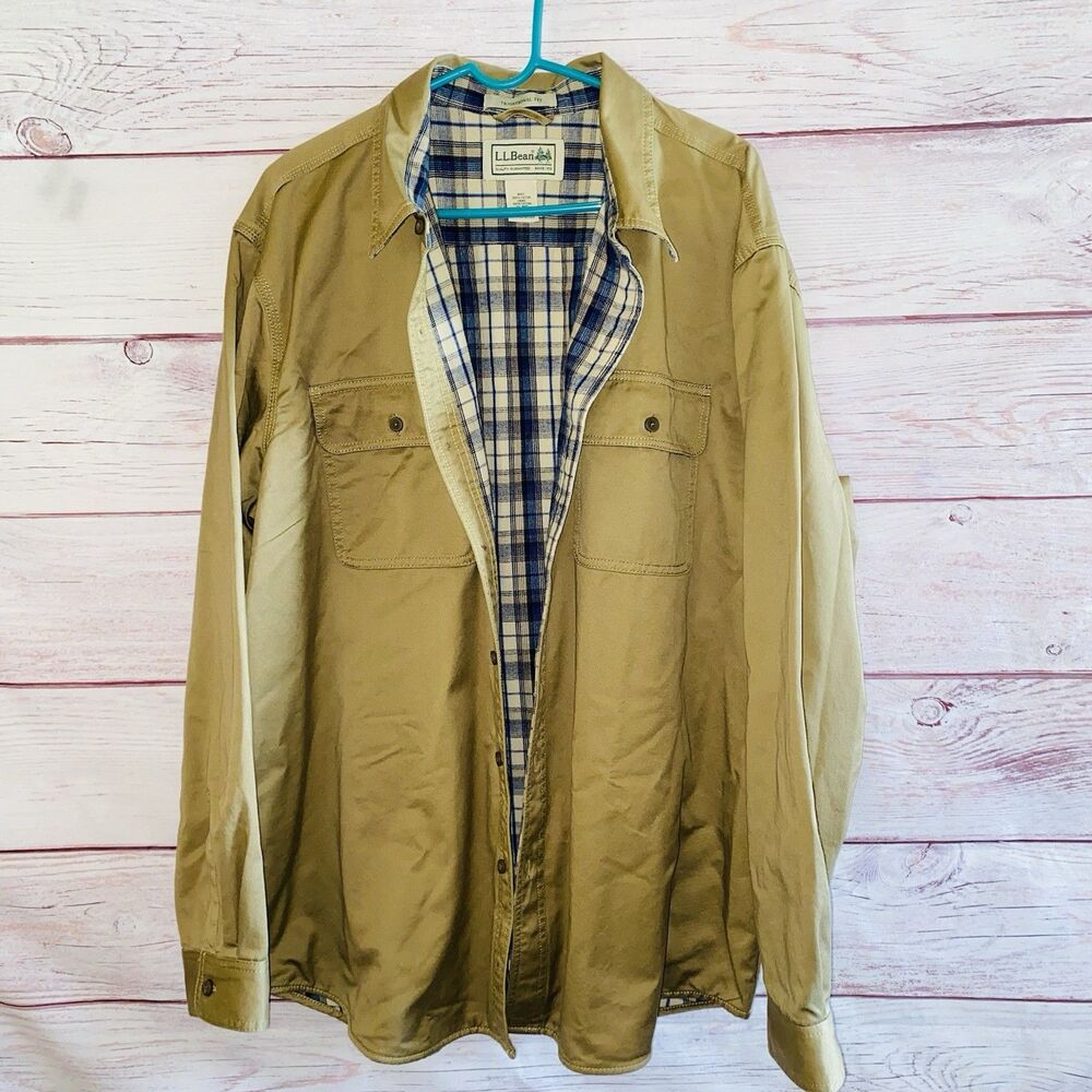 L.L.Bean Mens XL Tan Shacket Traditional Fit Plaid Lined Shirt Jacket Button